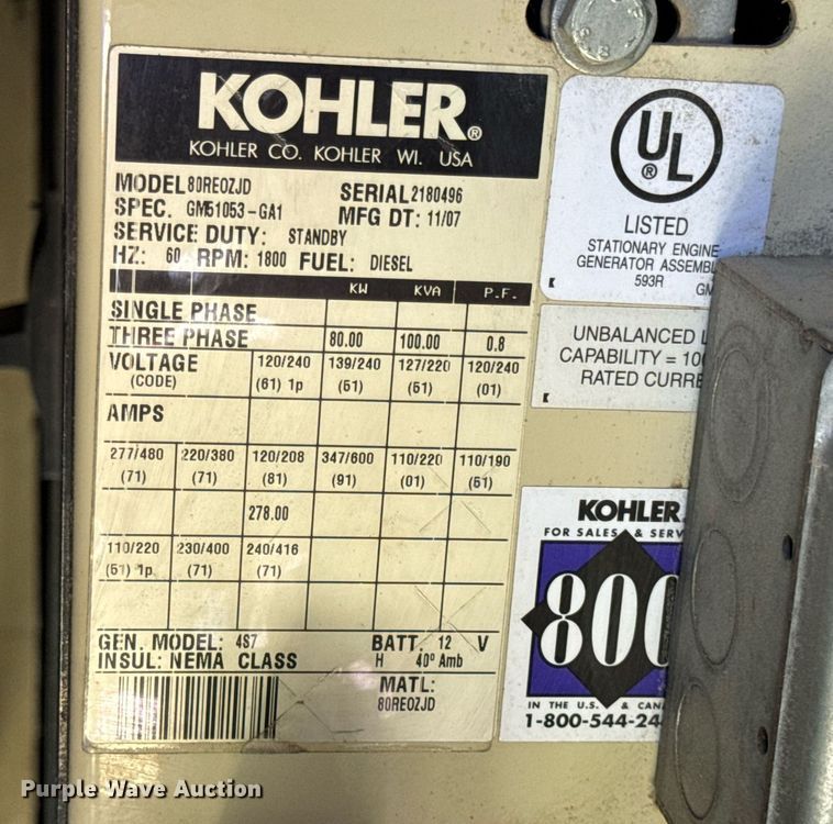 image for item DV4067 2007 Kohler 80RE0ZJD generator