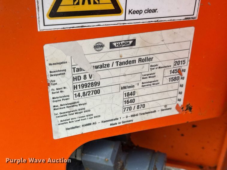 image for item DV4083 2015 Hamm HD8 double drum vibratory roller