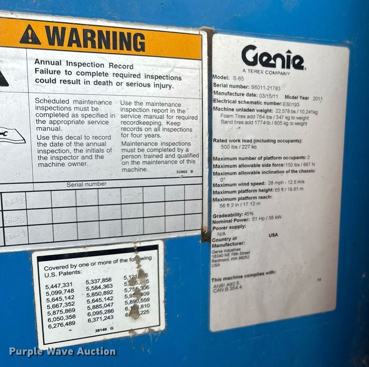 image for item DV4089 2011 Genie S-65 boom lift