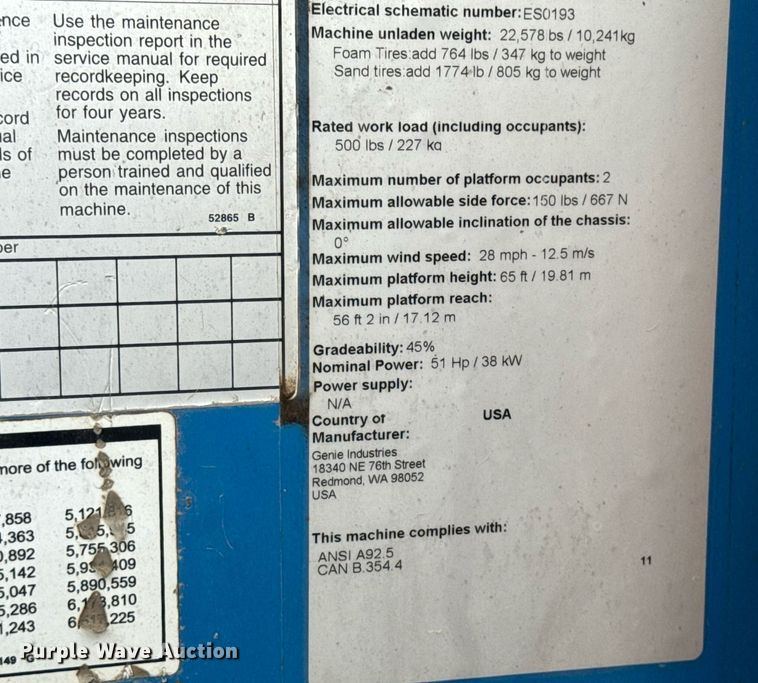 image for item DV4089 2011 Genie S-65 boom lift