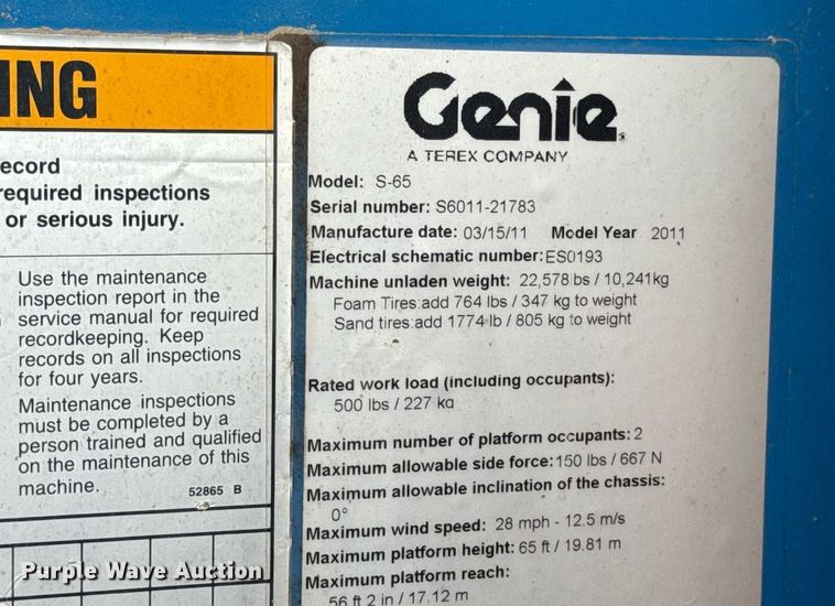 image for item DV4089 2011 Genie S-65 boom lift