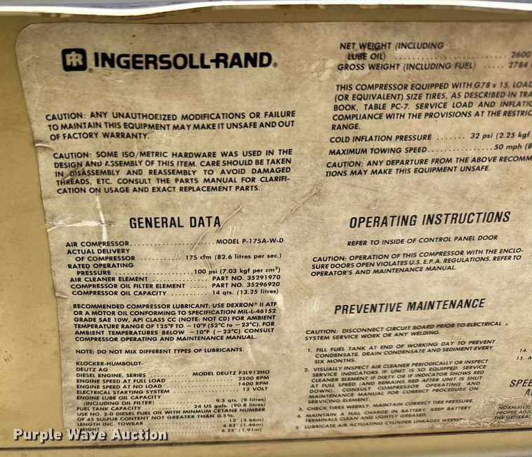 image for item DX8995 1987 Ingersoll Rand P-175A-W-D air compressor