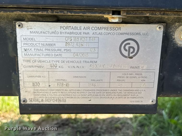 image for item DY0003 2015 Chicago Pneumatic CPS185 KD7T4F air compressor