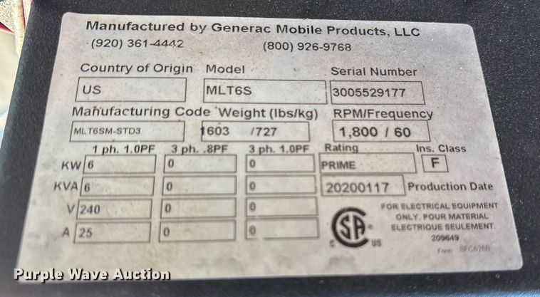 image for item DY0465 2020 Generac MLT6S light plant