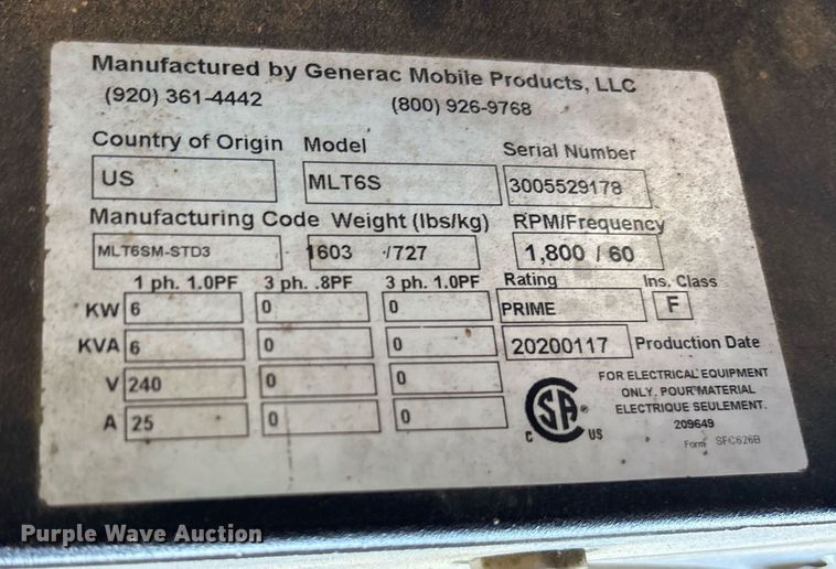 image for item DY0466 2020 Generac MLT6S light plant