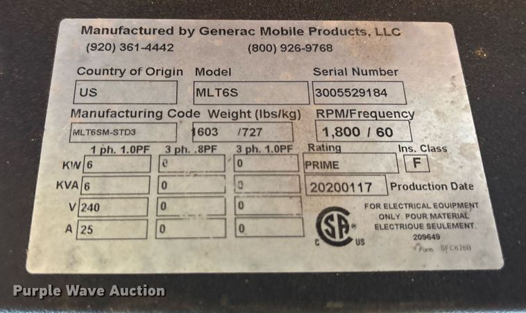 image for item DY0468 2020 Generac MLT6S light plant