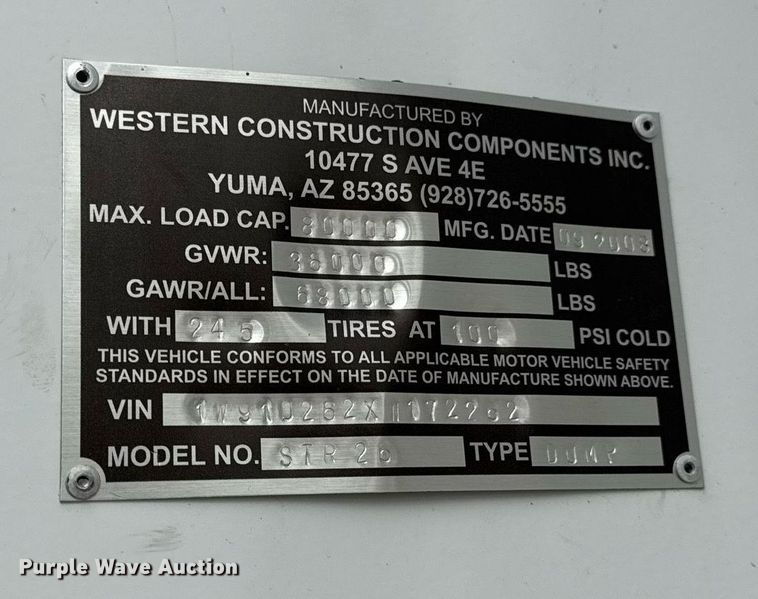 image for item DZ4192 1999 Western Construction Components end dump trailer