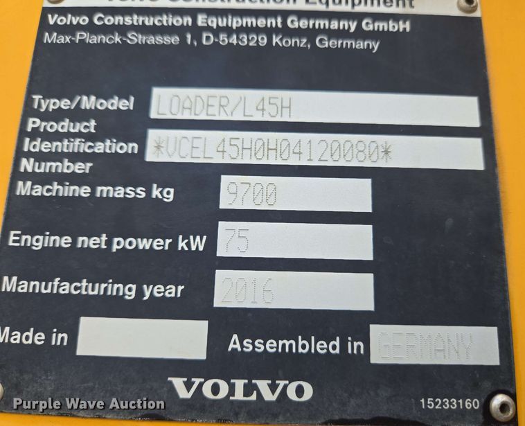 image for item EC4210 2016 Volvo L45H wheel loader