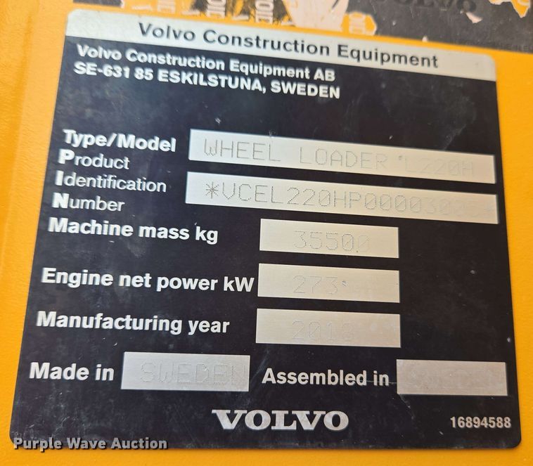 image for item EC4212 2018 Volvo L220H wheel loader