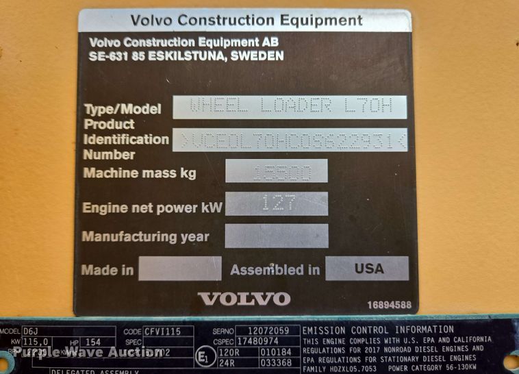 image for item EC4213 2018 Volvo L70H wheel loader