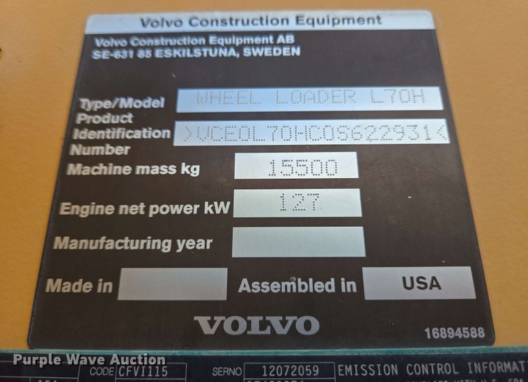 image for item EC4213 2018 Volvo L70H wheel loader