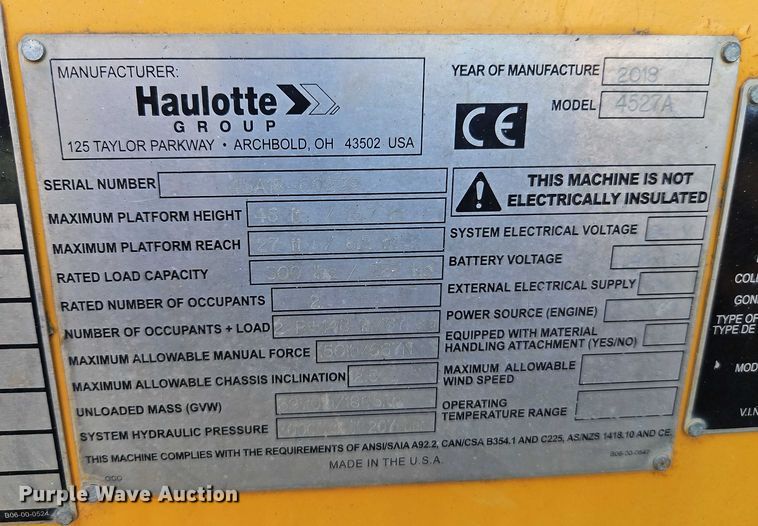 image for item EJ0056 2018 Haulotte 4527 boom lift