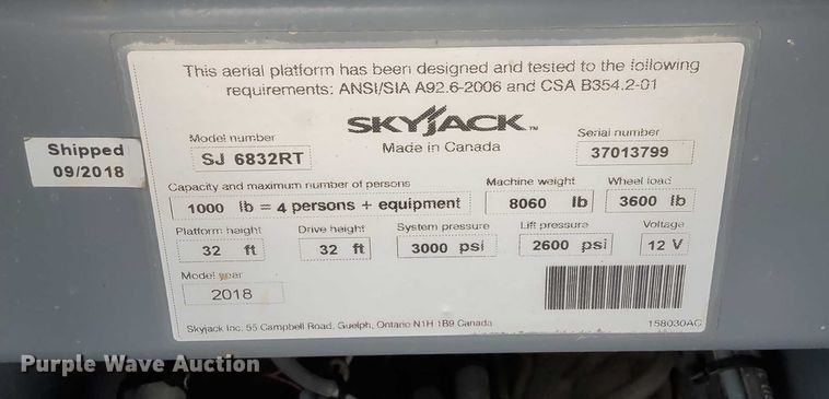 image for item EJ0058 2018 SkyJack SJ6832 RT scissor lift