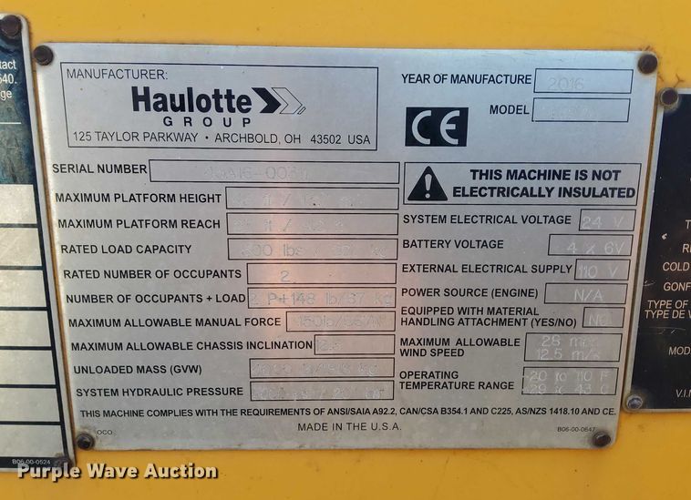 image for item EJ0059 2016 Haulotte 4527A boom lift