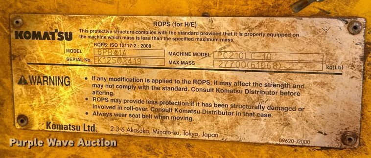 image for item EJ4501 2013 Komatsu PC210LC-10 excavator