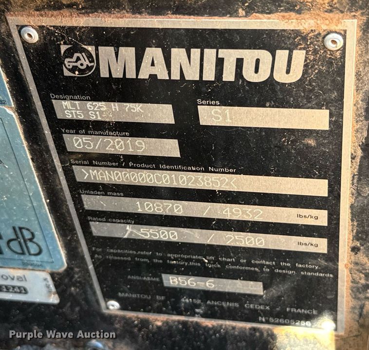 image for item EJ4647 2019 Manitou MLT625-75H telehandler