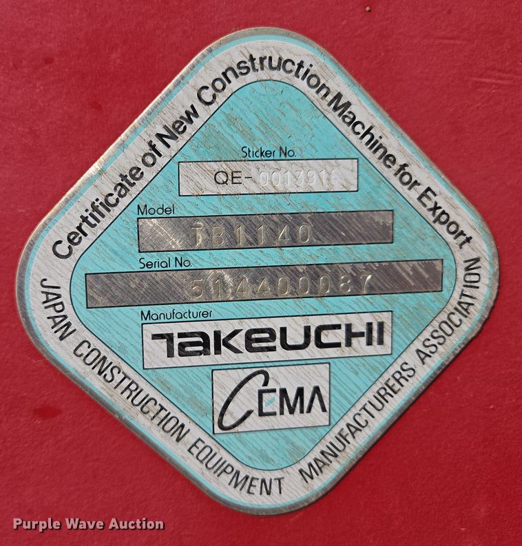 image for item EM7097 2014 Takeuchi TB1140 mini excavator