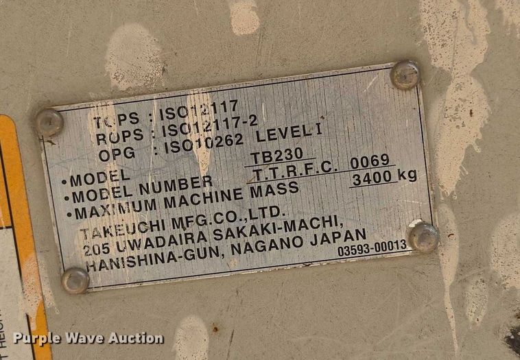 image for item EN3754 2015 Takeuchi TB230 mini excavator