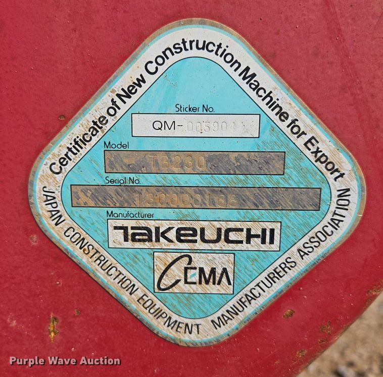 image for item EN3754 2015 Takeuchi TB230 mini excavator