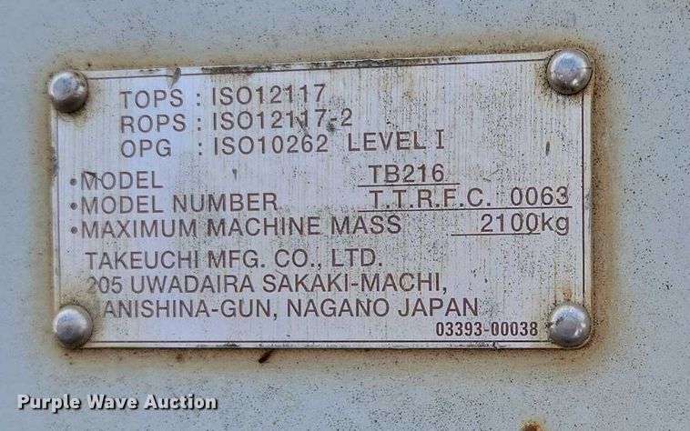 image for item EN3755 2016 Takeuchi TB216 mini excavator