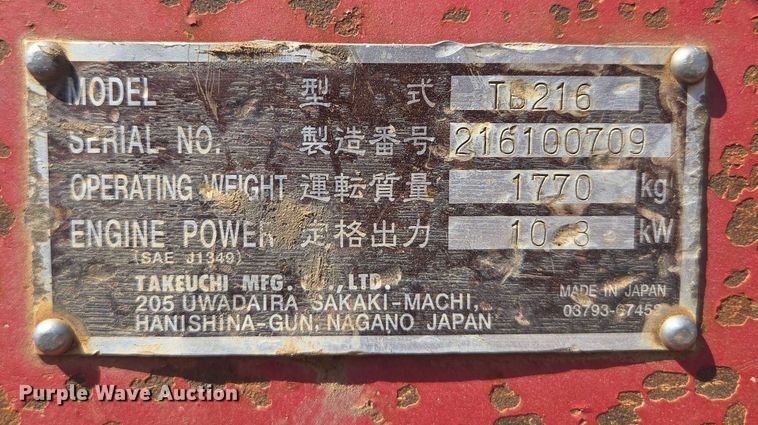 image for item EN3755 2016 Takeuchi TB216 mini excavator