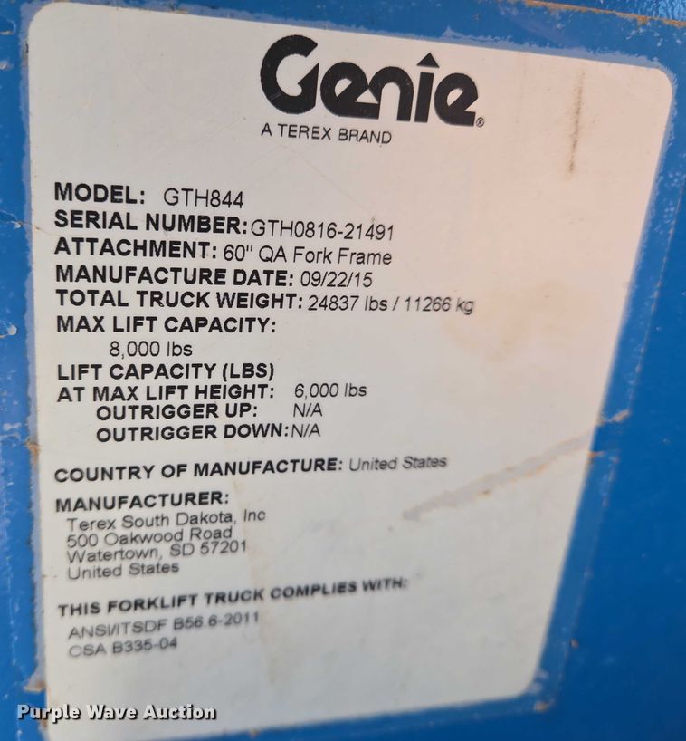 image for item EO0822 2016 Genie GTH-844 telehandler