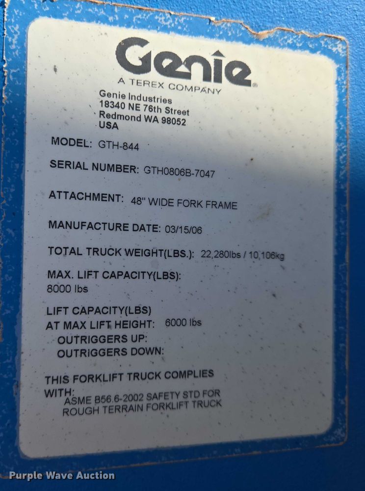 image for item EO0833 2007 Genie  GTH-844 telehandler