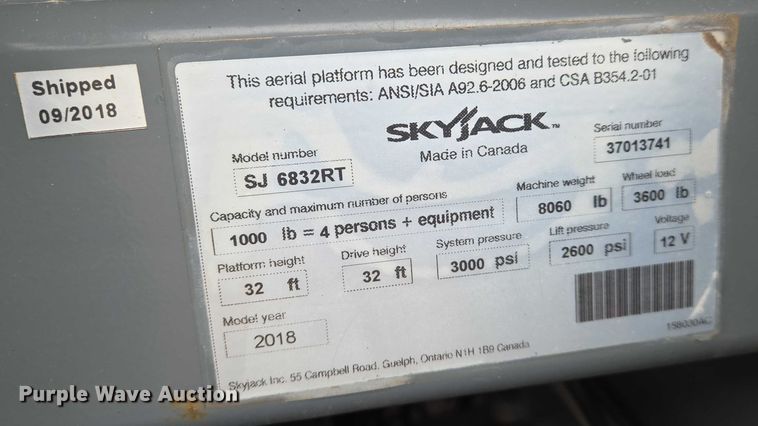 image for item EO0957 2018 Skyjack  SJ 6832RT scissor lift