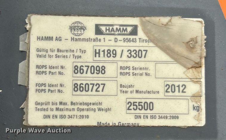 image for item ND9760 2012 Hamm 3307 single drum vibratory roller