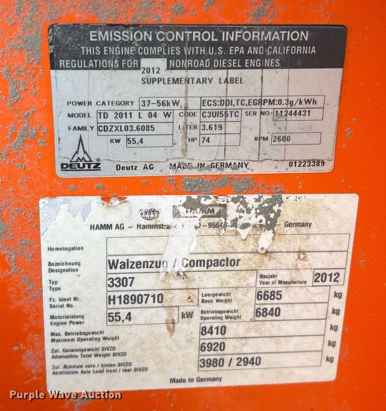 image for item ND9760 2012 Hamm 3307 single drum vibratory roller