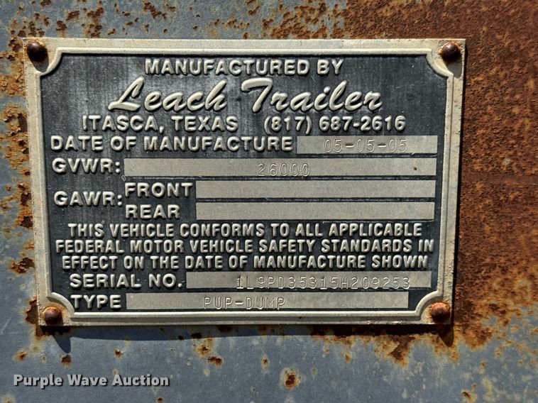 image for item NE9822 2005 Leach Pup-Dump end dump pup trailer