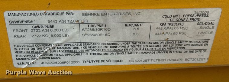 image for item DH9950 2006 Behnke Enterprises INC BCT2012ET tilt deck equipment trailer