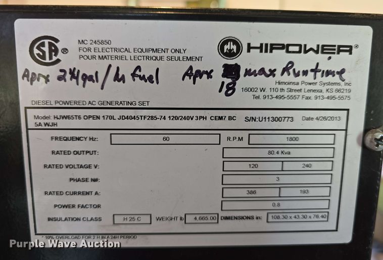 image for item DT6833 2013 HiPower HJW65T6 generator