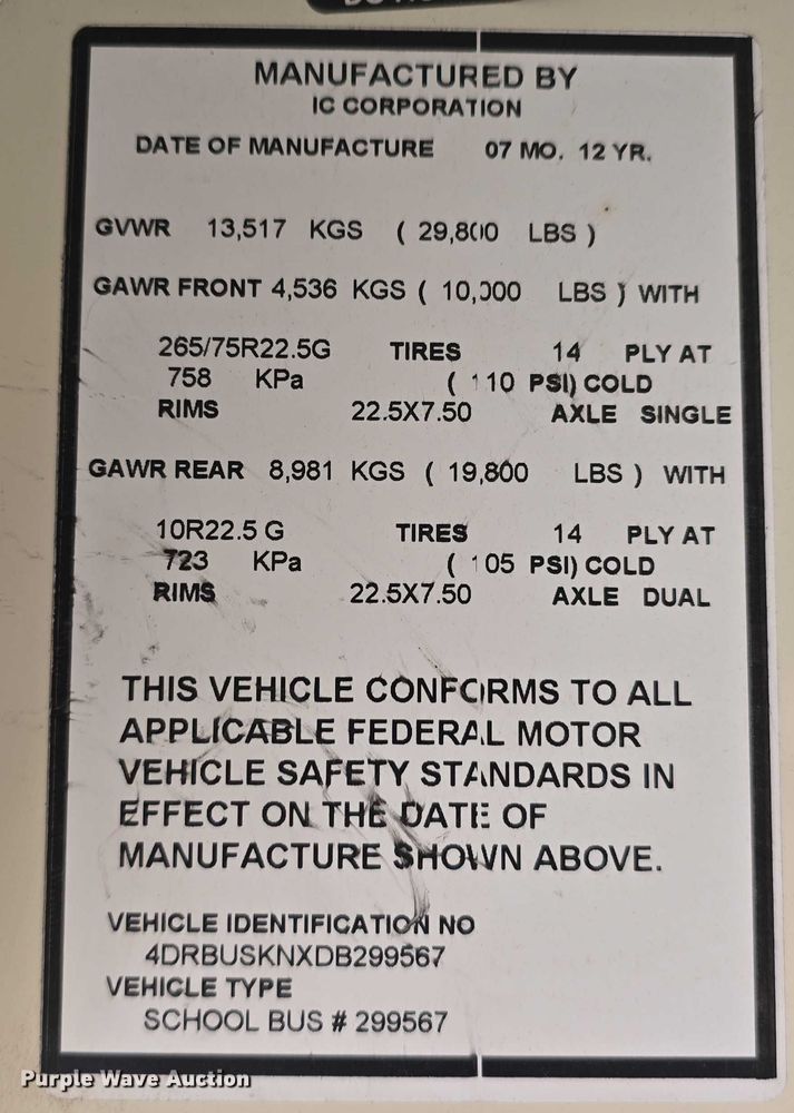 image for item DT6864 2013 IC Corporation PB10500 school bus