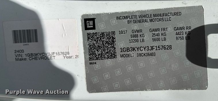 image for item DV2641 2018 Chevrolet Silverado 3500HD pickup truck cab and chassis