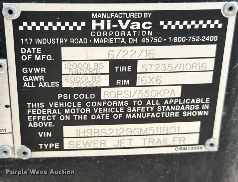 image for item DV4130 2016 O'Brien 7040-SC sewer jetter trailer