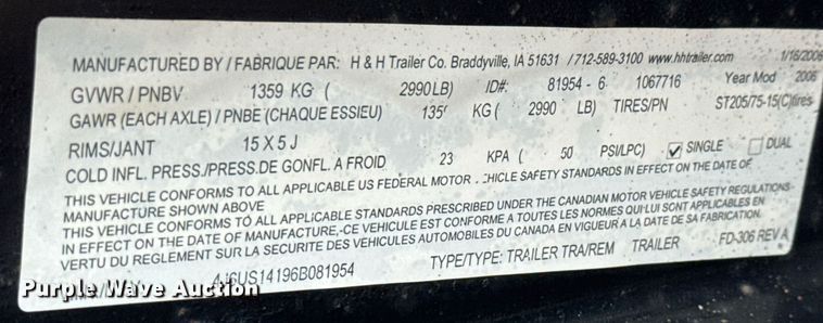 image for item DY0088 2006 H&H FD-306 utility trailer