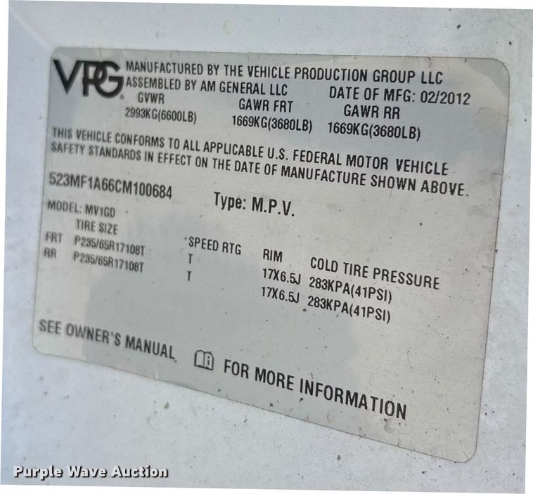 image for item DY0488 2012 Vehicle Production Group MV-1 handicap accessible van