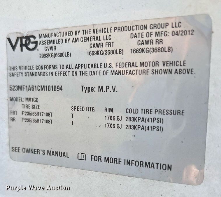 image for item DY0490 2012 Vehicle Production Group MV-1 handicap accessible van