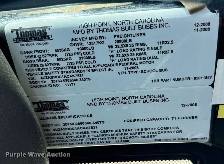 image for item DZ4198 2010 Thomas Saf-T-Liner C2 school bus