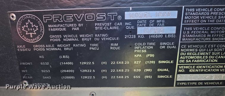 image for item EF3540 1996 Prevost Le Mirage XL coach bus