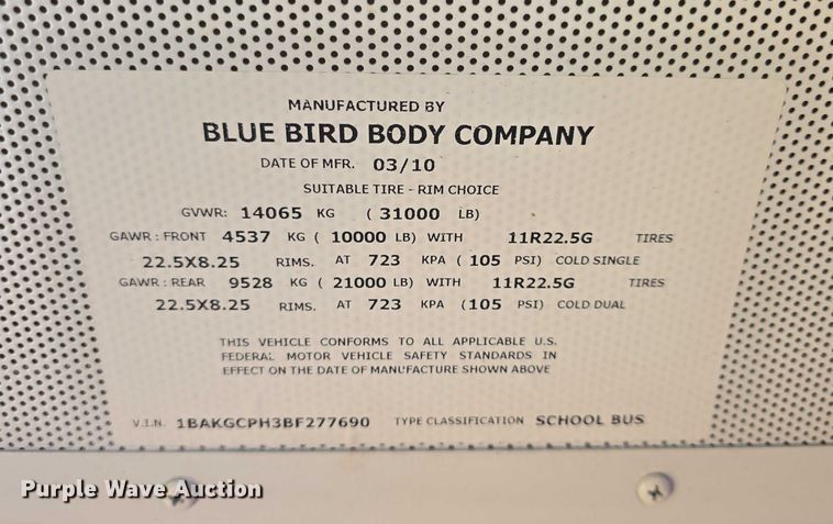 image for item EF3541 2011 Blue Bird Vision school bus