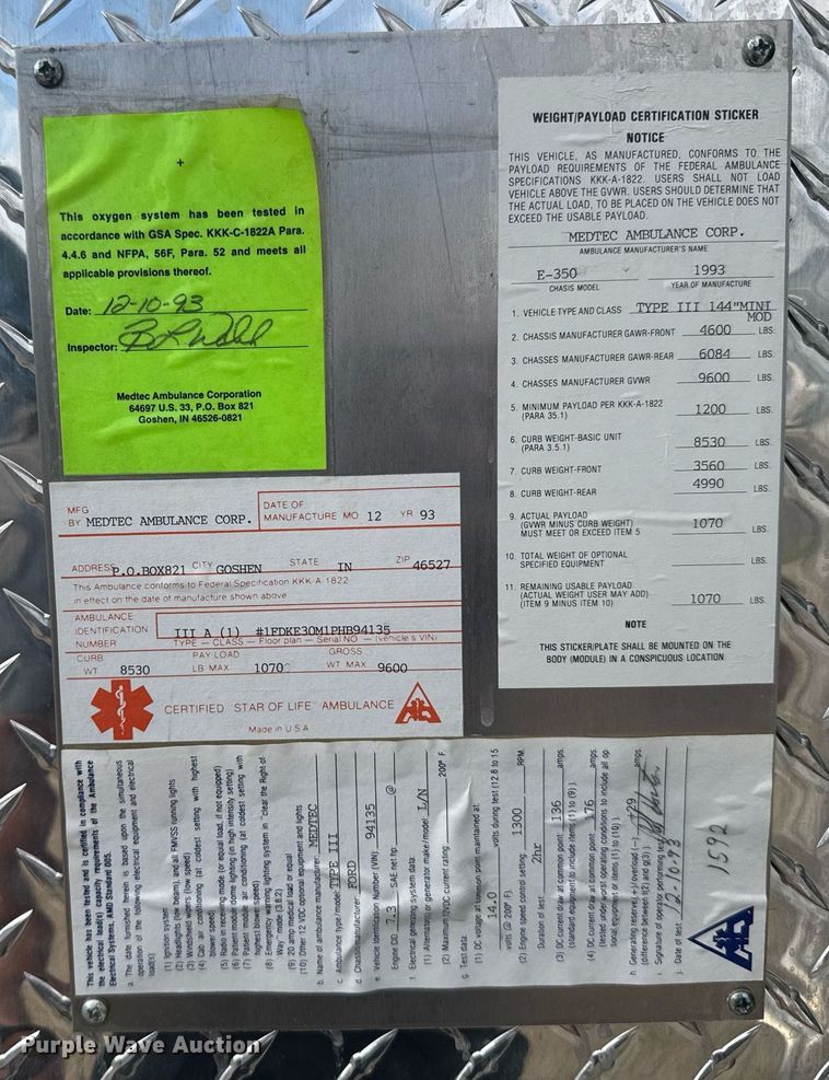 image for item EG6492 1993 Ford E350 ambulance