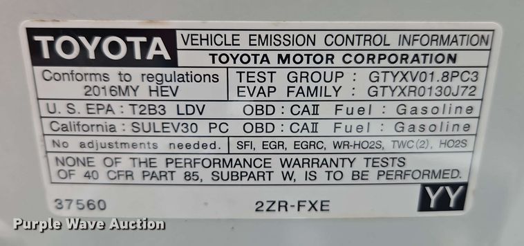 image for item EJ0026 2016 Toyota Prius 
