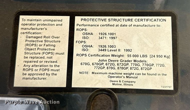 image for item EJ4565 2014 John Deere 672G motor grader