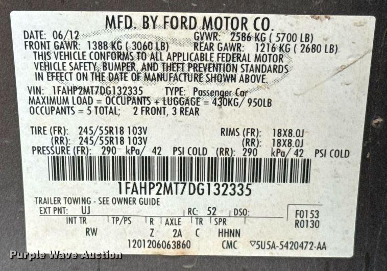 image for item EJ4606 2013 Ford Taurus Police Interceptor 