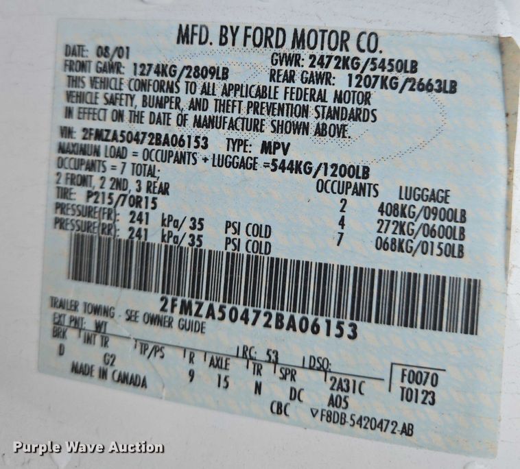 image for item EN8017 2002 Ford Windstar LX van