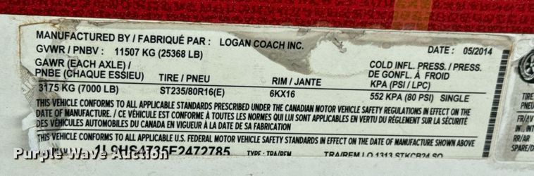 image for item DU9166 2014 Logan Coach Inc horse trailer