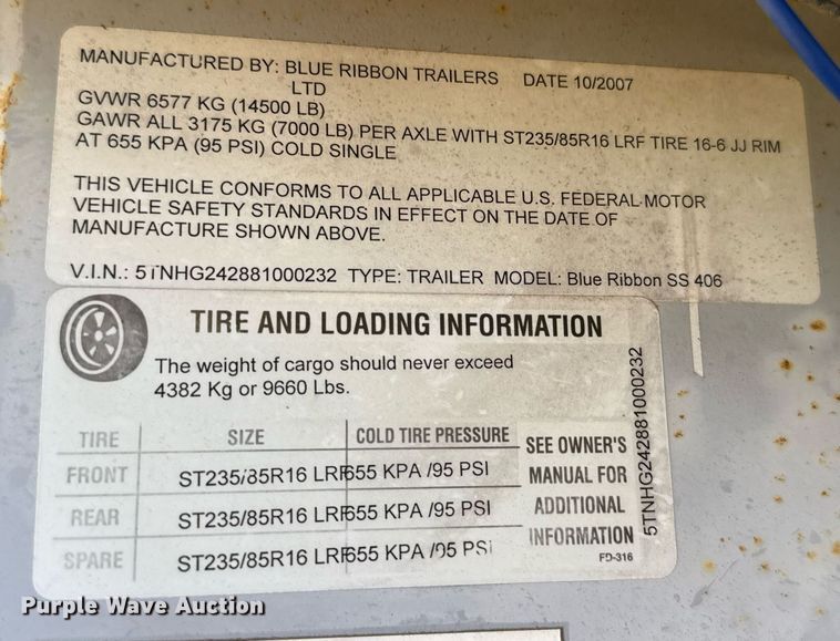 image for item EJ4646 2008 Blue Ribbon SS 406 horse trailer