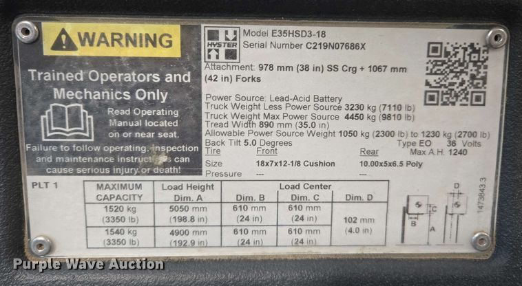 image for item EC1021 2023 Hyster E35HSD3-18 forklift